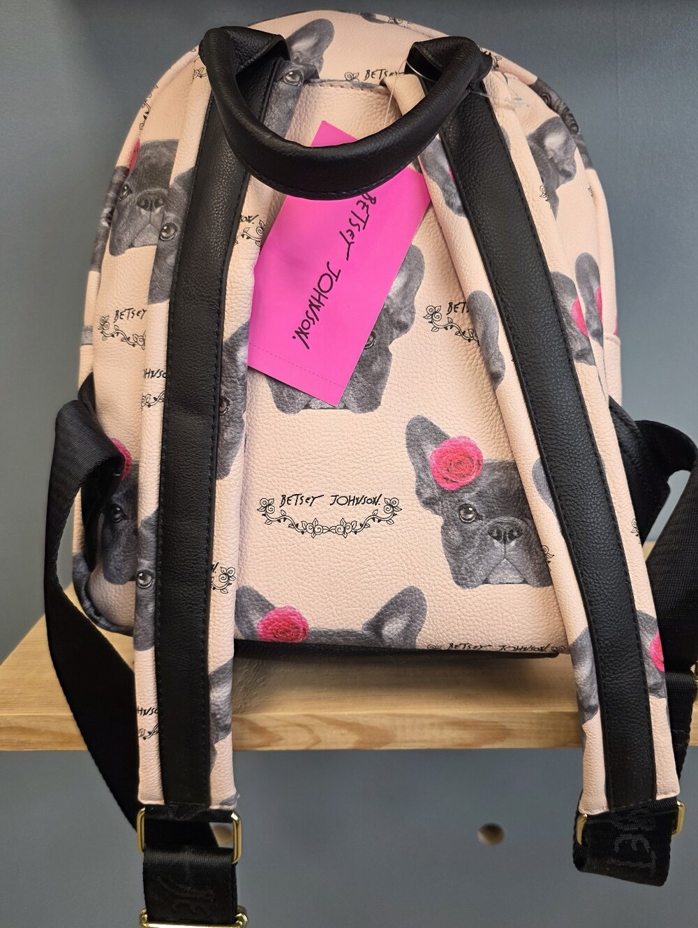Betsey Johnson Pink French Bulldog Pattern Mini Backpack with Black Pom - Picture 10 of 10